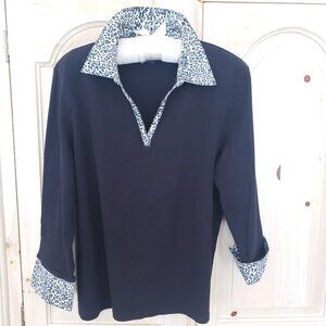 Karen Scott Black Pullover V Neck Knit Shirt with Patterned Collar and Cuffs XL